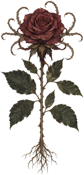 Spesimen The Widow Rose: mawar merah anggur besar dikelilingi sulur berduri yang mencengkeram.
