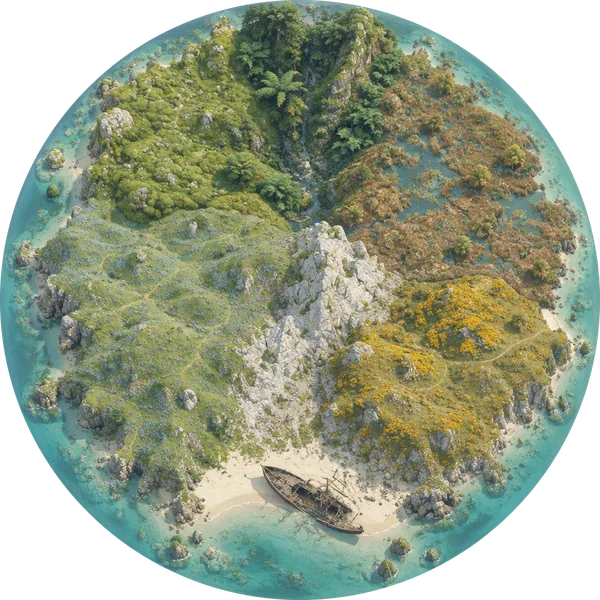 Pulau The Sward dari atas: tepi lumut hijau, jurang pakis, rawa cokelat berkolam, padang bunga biru, tebing batu pucat, semak gorse kuning, dan kapal karam di pantai selatan.