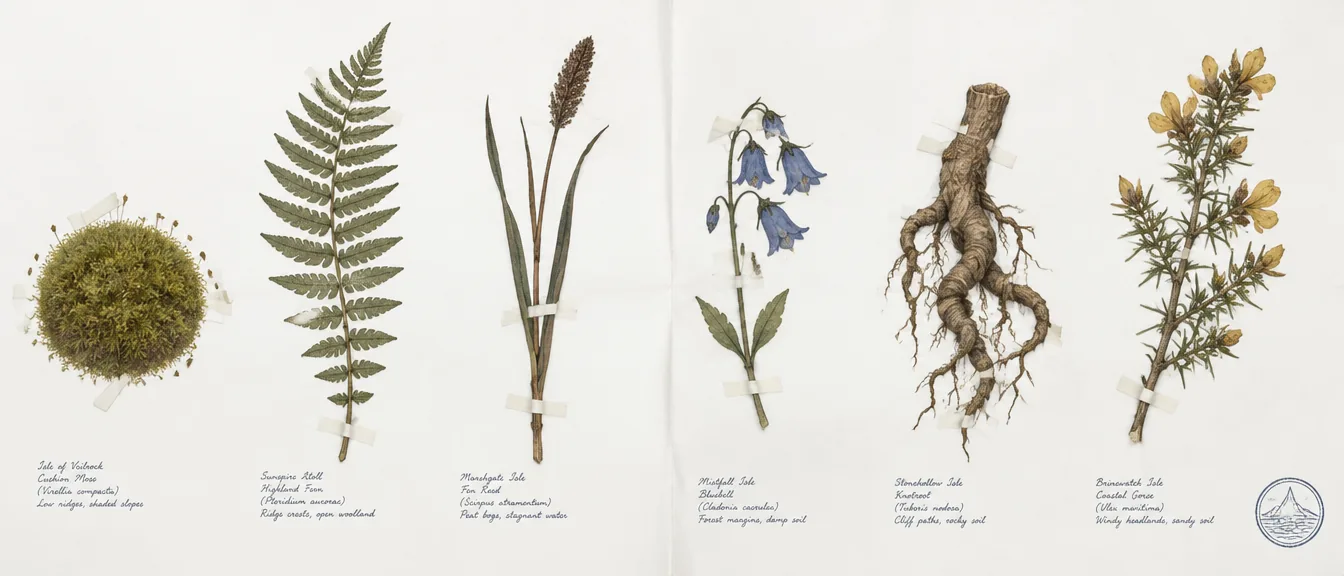Lembar ganda dengan enam spesimen dari enam biome: bantalan lumut, daun pakis tinggi, rumput rawa berbulir, bunga lonceng biru, akar bersimpul, dan dahan gorse berbunga kuning.